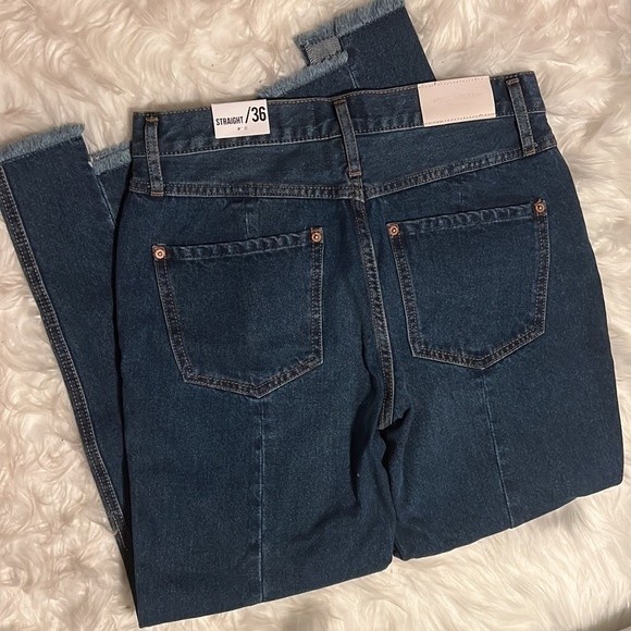 MANGO High Rise Frayed Straight Jeans Blue - Picture 4 of 7